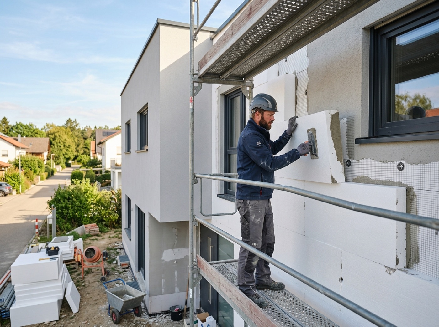 Fassadendämmung an einem modernen Haus